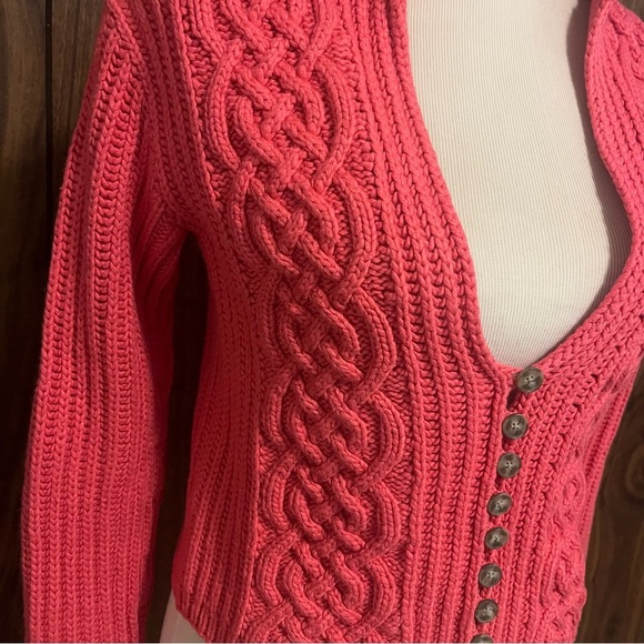 Linda Allard Ellen Tracy Pink Chunky Knit Hoodie Button Front Crop Sweater Sz M - Picture 2 of 6